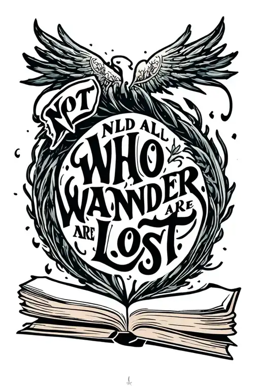 "Not all who wander are lost" book open to path love dark romance  tattoo design idea