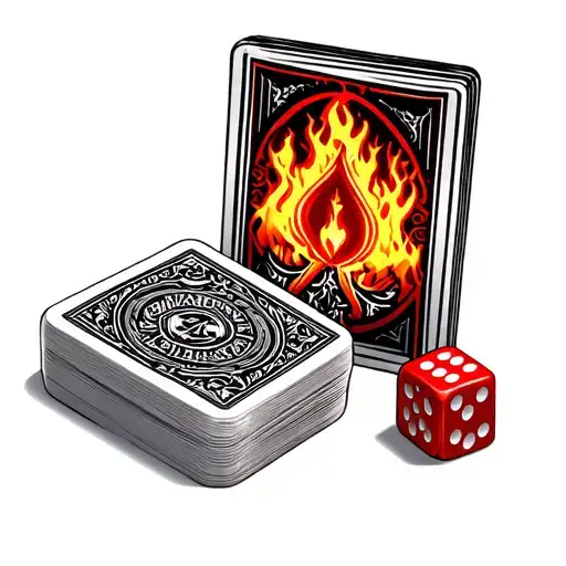 red and black deck game cards with 3 dice infront and flames tattoo design idea