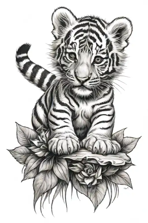 baby tiger with date of birth tattoo design idea