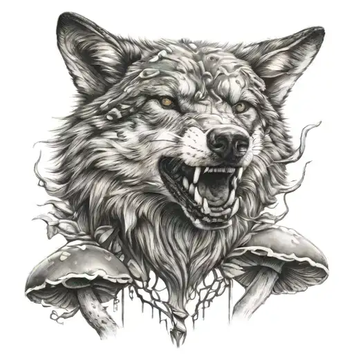 warrior wolf mushroom tattoo design idea
