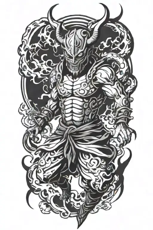 anime character full body wearing a oni mask fighting off inner demons with minimal black areas tattoo design idea
