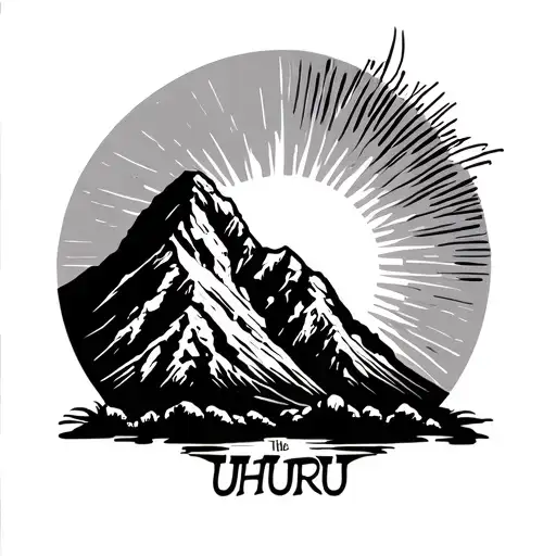 In the style of minimalist, a simple outline of kilimanjaro with a sun and word uhuru within as a tattoo on the back tattoo design idea