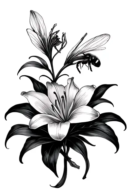 lily flower and bee tattoo design idea