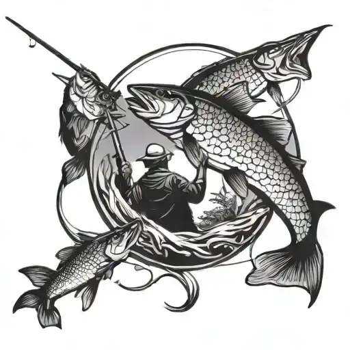father and sons fishing silhouette intertwined representing the client's tattoo design idea