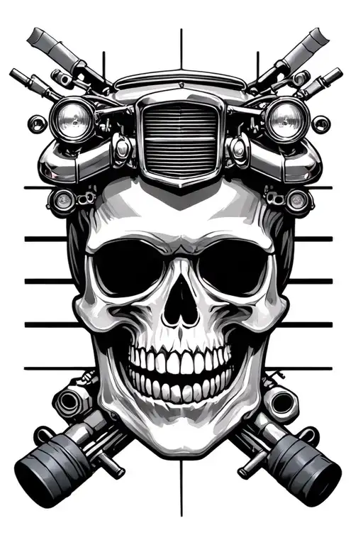 cars and skulls mechanic working tattoo design idea