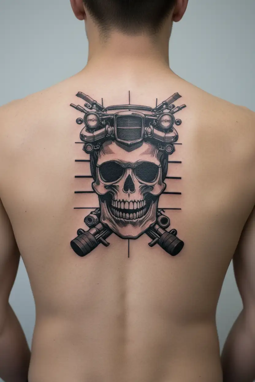 cars and skulls mechanic working tattoo design idea