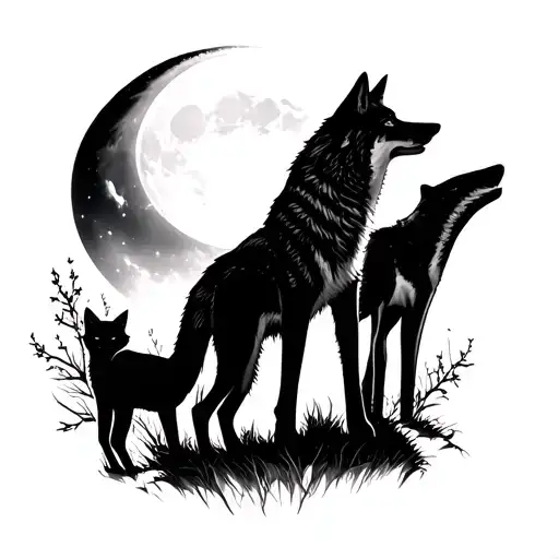 A tattoo in grey scale, a scene with a full moon, dimly lighting the the silhouettes of a wolf, a fox, and a lynx in a b tattoo design idea
