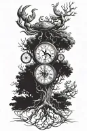 tree with clock and zodiac crab surrounded tattoo design idea