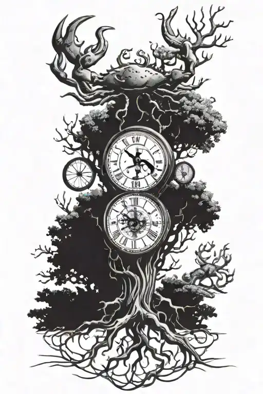 tree with clock and zodiac crab surrounded tattoo design idea