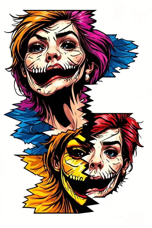 Cartoon first face up and down and realistic second face art fusion diagonally stripped in the middle like a ripped pape tattoo design idea