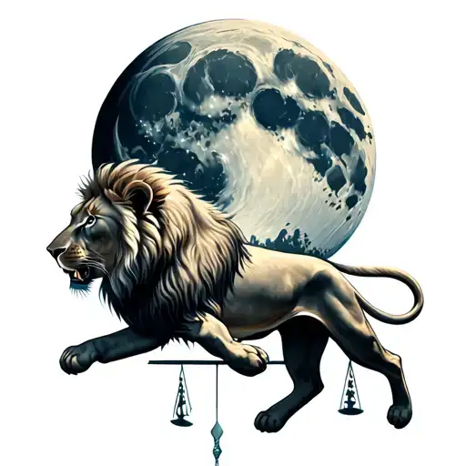 An edgy lion that jumps on a scale to catch the moon in a beautiful landscape tattoo design idea