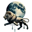 An edgy lion that jumps on a scale to catch the moon in a beautiful landscape tattoo design idea