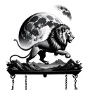 An edgy lion that jumps on a scale to catch the moon in a beautiful landscape tattoo design idea
