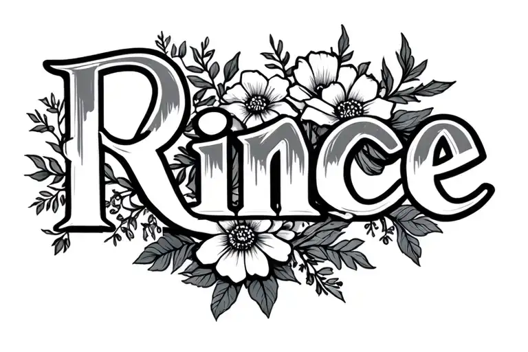 the word rince in a fancy font in back with flowers coming off the end  tattoo design idea