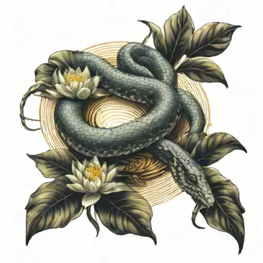 Sleeve of a snake among water lilies on top of the sun tattoo design idea