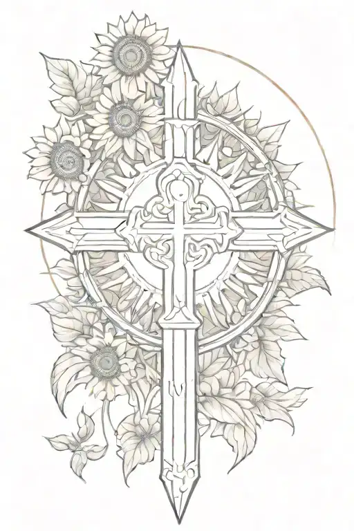 Philippine sun with a Christian Cross surrounded by sunflowers tattoo design idea