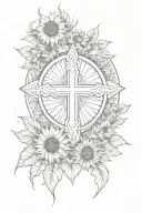 Philippine sun with a Christian Cross surrounded by sunflowers tattoo design idea