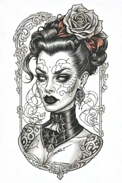 Male vampire bitting gothing pinup girl on the neck. Pinup girl wearing corset and fishnets tattoo design idea