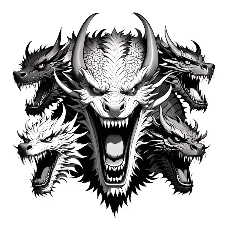 In the middle is the devil's face surrounded by four Asian dragons with fierce faces tattoo design idea