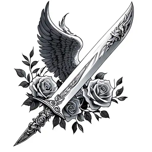 Roses angel sword fire tattoo design idea