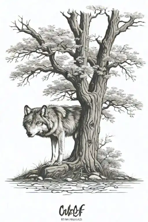 wolf under a oak tree tattoo design idea