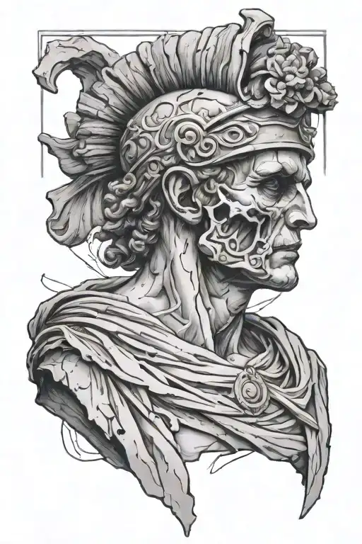 roman statue bust cracked skull tattoo design idea