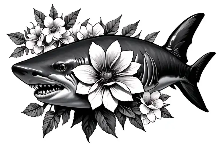 Black and grey lemon shark with flowers for a female forearm tattoo design idea