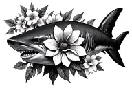 Black and grey lemon shark with flowers for a female forearm tattoo design idea
