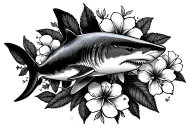 Black and grey lemon shark with flowers for a female forearm tattoo design idea