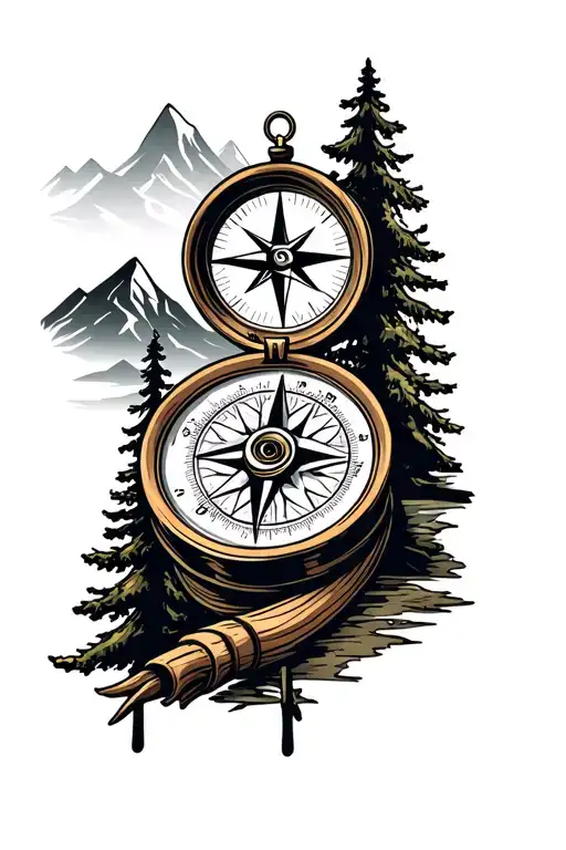 mountains and compass in woods tattoo design idea