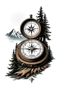 mountains and compass in woods tattoo design idea