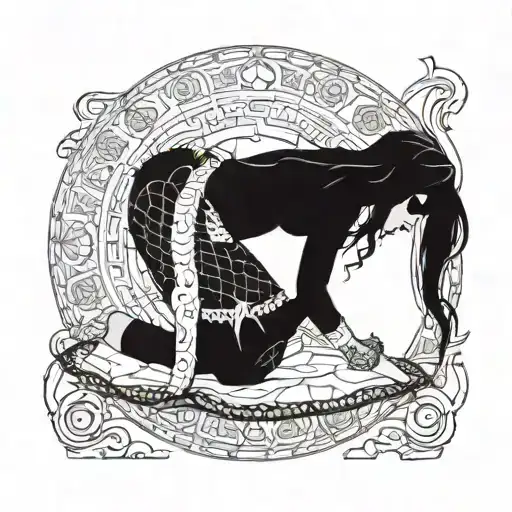 bend over,slim thick goth girl,emo, nude,sexy,lingerie,introverted,arched back,long black hair, naked,fishnet,skirt tattoo design idea