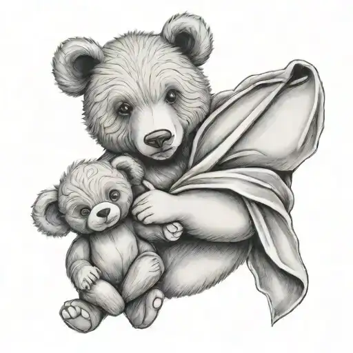 mother and baby boy holding a teddy bear tattoo design idea