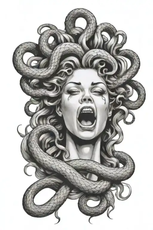 crying Medusa head with snake covering her open screaming mouth tattoo design idea