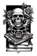 Guns, rose, books, brass knuckles, dark romance, skull, rock music, grim reaper tattoo design idea