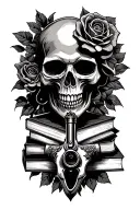 Guns, rose, books, brass knuckles, dark romance, skull, rock music, grim reaper tattoo design idea