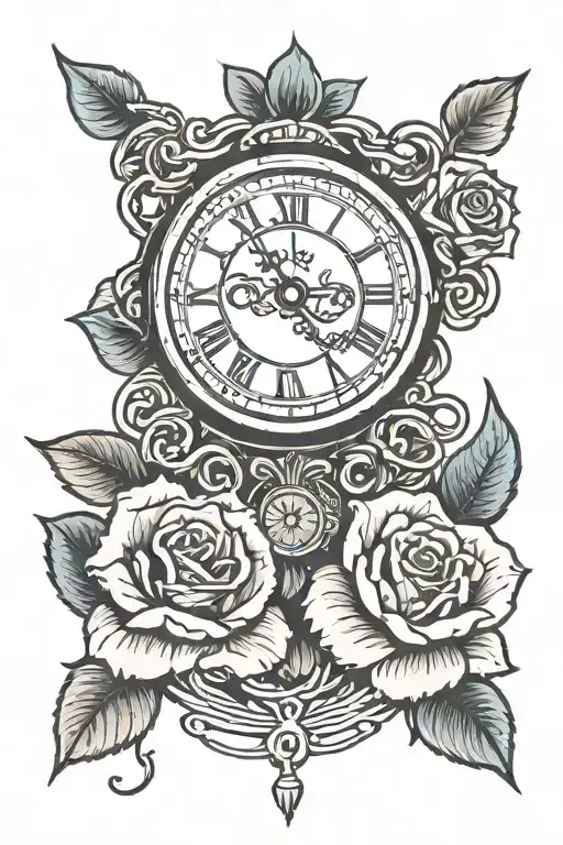 roses and a clock with ribbon intertwined tattoo design idea