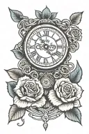 roses and a clock with ribbon intertwined tattoo design idea