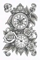 roses and a clock with ribbon intertwined tattoo design idea