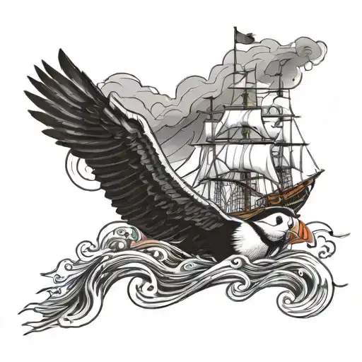 puffin and old scandinavian ship sailing through stormy tattoo design idea