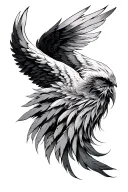 Wings, long feathers from the neck over the shoulders ending at the shoulder joint tattoo design idea