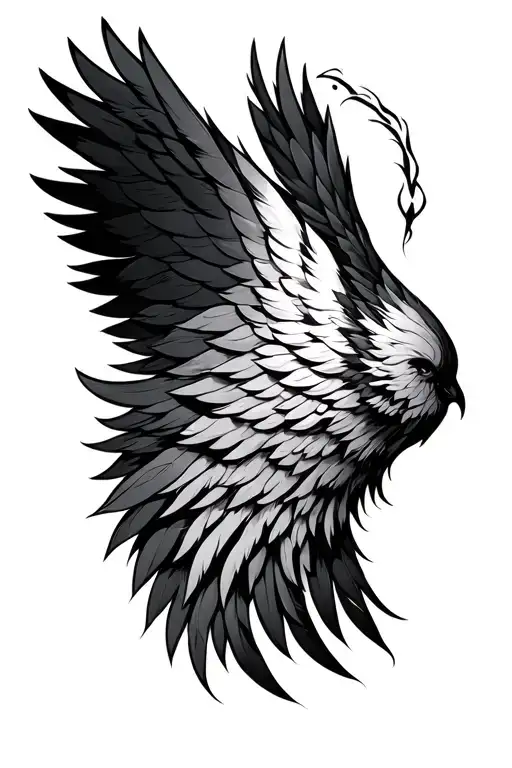 Wings, long feathers from the neck over the shoulders ending at the shoulder joint tattoo design idea