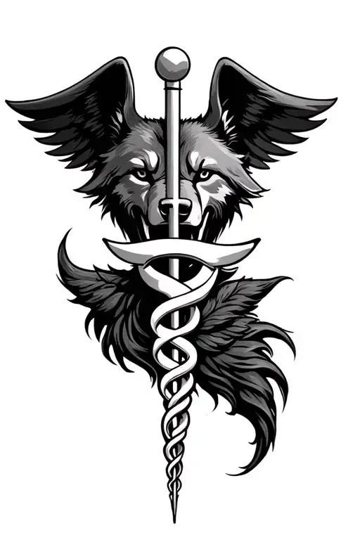 caduceus and wolf head tattoo design idea