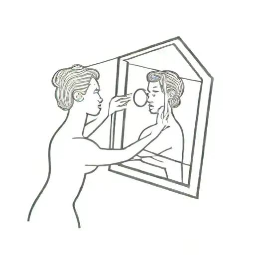 A minimalist, single line style illustration of a person holding up a a mirror to themselves. The mirror reflects a pers tattoo design idea