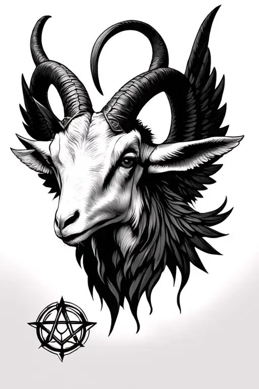Baphomet motif, goat head, wings, pentagram tattoo design idea