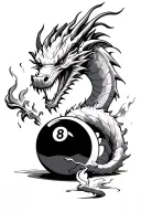 eight ball with dragon firing no background black and white tattoo design idea