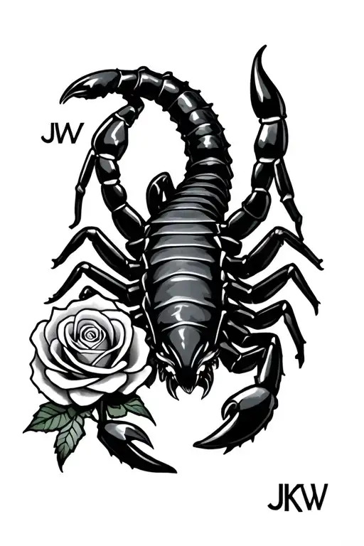 scorpian with rose connected to tail with the letters JKW tattoo design idea