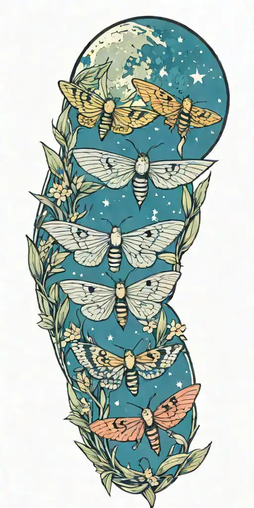 3 colorful moths in front of grass and full moon shining tattoo design idea