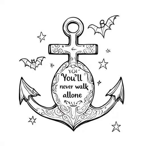 baby/bibleangels, stars, pretty bats,  peter pan, peter pan outline,anchor with the words youll never walk alone in it.  tattoo design idea