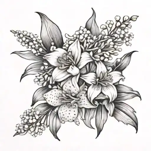 A daffodil, lily of the valley and chrysanthemum bouquet minimalist tattoo design idea